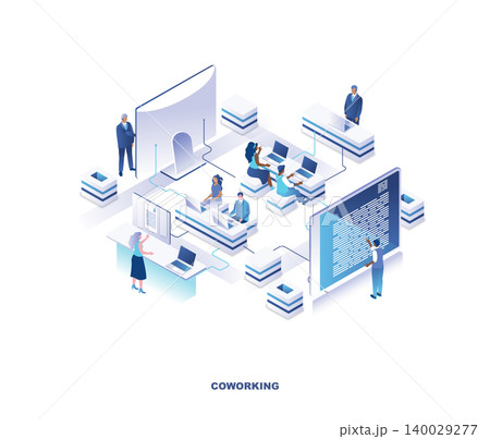 Coworking place or shared office isometric landing page. Concept with employees, managers or clerks sitting at desks and working on laptop computers in open space. Vector illustration for website. Coworking place or shared office isometric landing page. Concept with employees, managers or clerks sitting at desks and working on laptop computers in open space. Vector illustration for website. 140029277