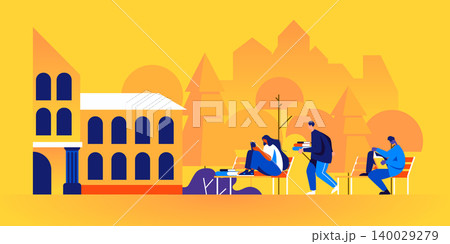 Students sitting on benches and studying or reading books outside of university building. Young teenage boys and girls preparing for college exams outdoors. Modern flat cartoon vector illustration. Students sitting on benches and studying or reading books outside of university building. Young teenage boys and girls preparing for college exams outdoors. Modern flat cartoon vector illustration. 140029279