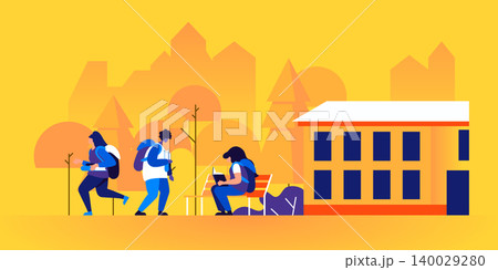Children reading books outside of school building. Pupils or schoolmates with textbooks studying outdoors. Young boys and girls with backpacks on city street. Modern flat cartoon vector illustration. 140029280