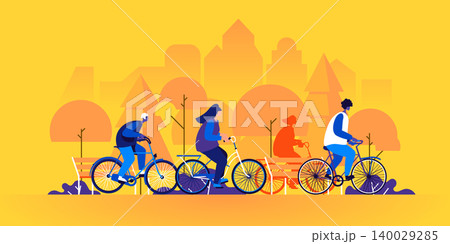 People riding bicycles. Young men and women on bikes in park. Friends cycling together. Group of bicyclists on city street. Recreational or sports outdoor activity. Flat cartoon vector illustration. People riding bicycles. Young men and women on bikes in park. Friends cycling together. Group of bicyclists on city street. Recreational or sports outdoor activity. Flat cartoon vector illustration. 140029285