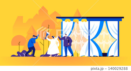 Happy newlyweds and photographer with camera taking photo or portrait of married couple. Bride with flower bouquet and groom on outdoor wedding ceremony. Modern flat cartoon vector illustration. 140029288