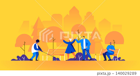 People walking in park. Young couple, man on bench, guy with dog enjoy nature or perform outdoor leisure activities. Male and female cartoon characters stroll along street. Flat vector illustration. People walking in park. Young couple, man on bench, guy with dog enjoy nature or perform outdoor leisure activities. Male and female cartoon characters stroll along street. Flat vector illustration. 140029289