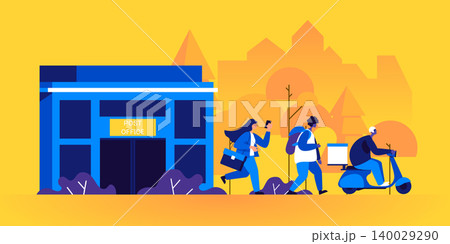 Post office building and postmen, mailmen or messengers delivering parcels or packages. Couriers walking or riding scooter. Express delivery or postal service. Modern flat cartoon vector illustration. Post office building and postmen, mailmen or messengers delivering parcels or packages. Couriers walking or riding scooter. Express delivery or postal service. Modern flat cartoon vector illustration. 140029290