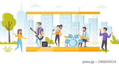 Happy people enjoying music at open air concert, summer musical performance. Musicians and singers performing on outdoor stage and fans or audience dancing around. Flat cartoon vector illustration. Happy people enjoying music at open air concert, summer musical performance. Musicians and singers performing on outdoor stage and fans or audience dancing around. Flat cartoon vector illustration. 140029314
