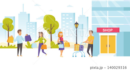 Shopaholics or consumers with shopping bags and carts outside of outlet shop, store, supermarket building. Customers or buyers with purchased sale products on street. Flat cartoon vector illustration. 140029316