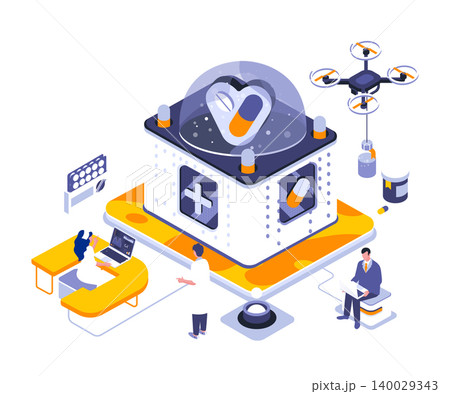 Medicine landing page vector template. Emergency health care aid website header UI layout with isometric illustration. Medicaments and prescription laboratory web banner isometry concept 140029343