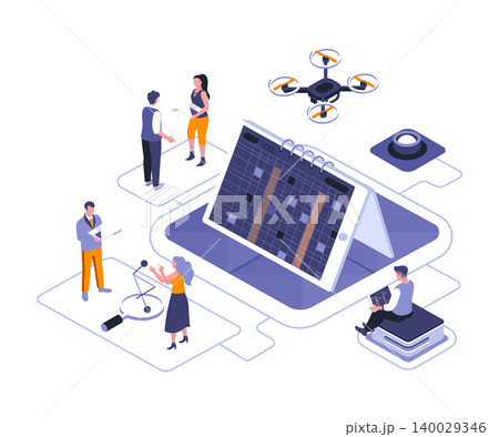 Business scheduling isometric landing page vector template. Effective time management website homepage UI illustration layout. Workflow productivity optimization webpage isometry concept 140029346