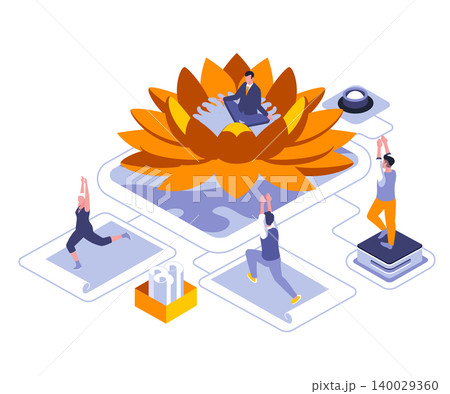 Yoga benefits for body isometric landing page vector template. Healthy lifestyle, fitness training website homepage interface illustration layout. Pilates web banner isometry concept 140029360