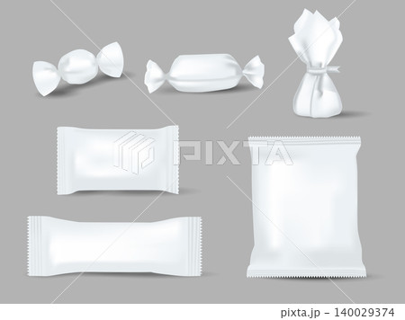 Realistic mockups of candy wrappers on grey background. Sweet, biscuit, wafer, cracker, and chocolate bar, candy bar or snacks package set ready for branding. White sweetmeat pack vector illustration. Realistic mockups of candy wrappers on grey background. Sweet, biscuit, wafer, cracker, and chocolate bar, candy bar or snacks package set ready for branding. White sweetmeat pack vector illustration. 140029374