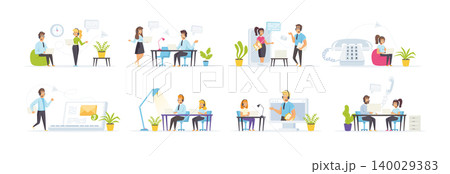 Call center with people characters in various scenes. Consultant in phone headset works in office. Bundle of online customer support in flat style. Personal assist and hotline operator communication. 140029383