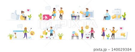 Social media set with people characters in various situations. People sending posts, emails, photos and sharing video content in social media. Bundle of blogging and online communication in flat style Social media set with people characters in various situations. People sending posts, emails, photos and sharing video content in social media. Bundle of blogging and online communication in flat style 140029384