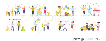 Birthday party set with people characters in various scenes. Cheerful friends celebrating anniversary with cake. Bundle of family holiday in flat style. Festive event with gifts and decoration. 140029390