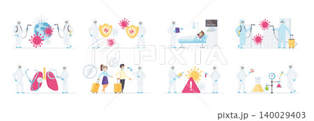 Efforts to combat coronavirus pandemic vector set. Prevent viral infection and sick people treatment. Laboratory research and vaccine development. Coronavirus quarantine and disinfection situations Efforts to combat coronavirus pandemic vector set. Prevent viral infection and sick people treatment. Laboratory research and vaccine development. Coronavirus quarantine and disinfection situations 140029403