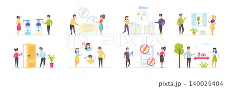 Coronavirus protection and prevention efforts vector illustration. Self-isolation, quarantine, disinfection, personal hygiene, use of antiseptics and safety masks, keeping distance, hand washing scene 140029404