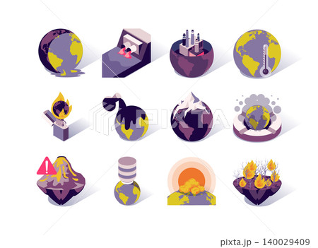 Global warming and pollution isometric icons set. Greenhouse effect, melting glaciers, forest fires and eruption volcano. Ecology problem, industrial air and water pollution 3d vector isometry. Global warming and pollution isometric icons set. Greenhouse effect, melting glaciers, forest fires and eruption volcano. Ecology problem, industrial air and water pollution 3d vector isometry. 140029409