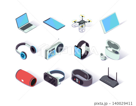 Devices and gadgets isometric icons set. Smartphone, laptop, headphones, quadcopter drone, smartwatch, fitness tracker, router, vr goggles. Digital technology and smart devices 3d vector isometry. Devices and gadgets isometric icons set. Smartphone, laptop, headphones, quadcopter drone, smartwatch, fitness tracker, router, vr goggles. Digital technology and smart devices 3d vector isometry. 140029411