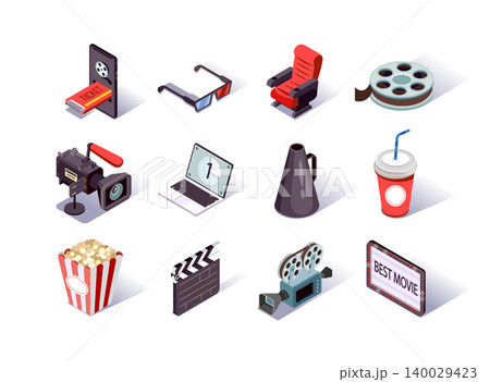 Movie production isometric icons set. Filmmaking industry, video camera, clap board, cinema strip and megaphone. Cinema entertainment, popcorn, online ticket, soda and 3d glasses 3d vector isometry. Movie production isometric icons set. Filmmaking industry, video camera, clap board, cinema strip and megaphone. Cinema entertainment, popcorn, online ticket, soda and 3d glasses 3d vector isometry. 140029423