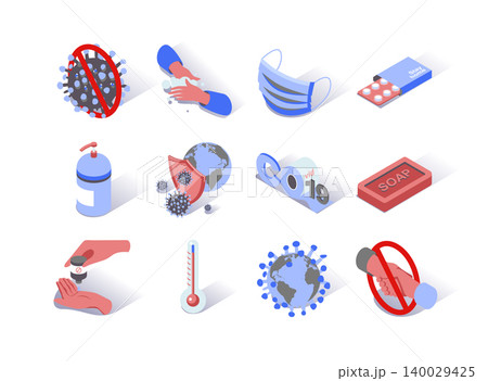 Virus epidemic isometric icons set. Soap, safety mask, antiseptic and pills pictograms. World hygiene and quarantine. Hand washing and handshake prohibition. Coronavirus infection 3d vector isometry. Virus epidemic isometric icons set. Soap, safety mask, antiseptic and pills pictograms. World hygiene and quarantine. Hand washing and handshake prohibition. Coronavirus infection 3d vector isometry. 140029425