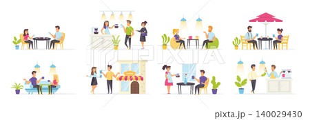 Coffee house set with people characters in various scenes. Barista preparing hot drinks, smiling friends or colleagues talking and drinking coffee in cafe. Bundle of coffee break in flat style. Coffee house set with people characters in various scenes. Barista preparing hot drinks, smiling friends or colleagues talking and drinking coffee in cafe. Bundle of coffee break in flat style. 140029430