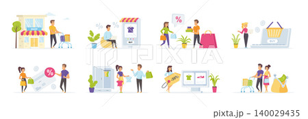 Seasonal shopping set with people characters in various situations. Shoppers with shopping bags and full supermarket trolley, man and woman buy clothes online. Bundle of shopaholics with purchases. Seasonal shopping set with people characters in various situations. Shoppers with shopping bags and full supermarket trolley, man and woman buy clothes online. Bundle of shopaholics with purchases. 140029435