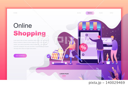 Modern flat cartoon design concept of Shopping and E-Commerce for website and mobile app development. Landing page template. Decorated people character for web page or homepage. Vector illustration. Modern flat cartoon design concept of Shopping and E-Commerce for website and mobile app development. Landing page template. Decorated people character for web page or homepage. Vector illustration. 140029469