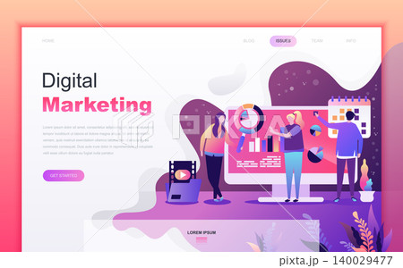 Modern flat cartoon design concept of Digital Marketing for website and mobile app development. Landing page template. Decorated people character for web page or homepage. Vector illustration. Modern flat cartoon design concept of Digital Marketing for website and mobile app development. Landing page template. Decorated people character for web page or homepage. Vector illustration. 140029477