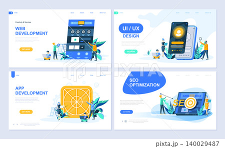 Set of landing page template for Web and App Development, UI Design, SEO Optimization. Modern vector illustration flat concepts decorated people character for website and mobile website development. Set of landing page template for Web and App Development, UI Design, SEO Optimization. Modern vector illustration flat concepts decorated people character for website and mobile website development. 140029487