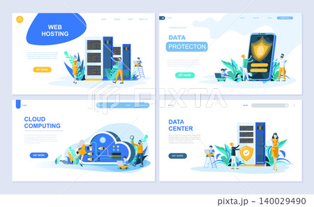 Set of landing page template for Hosting, Data Protection, Data Center, Cloud Computing. Modern vector illustration flat concepts decorated people character for website and mobile website development. Set of landing page template for Hosting, Data Protection, Data Center, Cloud Computing. Modern vector illustration flat concepts decorated people character for website and mobile website development. 140029490