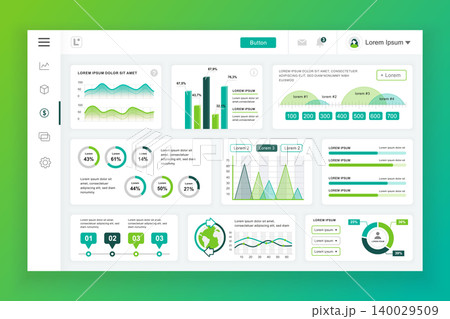 Dashboard admin panel vector design template with infographic elements, chart, diagram, info graphics. Website dashboard for ui and ux design web page. Vector illustration. 140029509