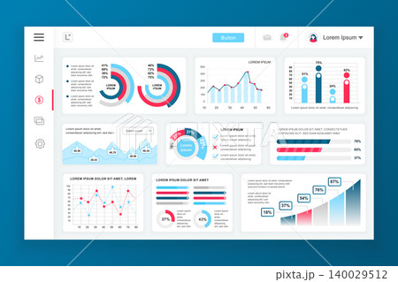 Dashboard admin panel vector design template with infographic elements, chart, diagram, info graphics. Website dashboard for ui and ux design web page. Vector illustration. 140029512