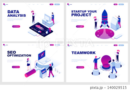 Set of isometric landing page template for Data Analysis, Startup, Seo Optimization, Teamwork. Modern vector illustration isometric concepts decorated people character for website development. Set of isometric landing page template for Data Analysis, Startup, Seo Optimization, Teamwork. Modern vector illustration isometric concepts decorated people character for website development. 140029515