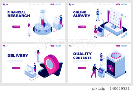 Set of isometric landing page template for Finance, Delivery, Online Survey. Quality Content. Modern vector illustration isometric concepts decorated people character for website development. Set of isometric landing page template for Finance, Delivery, Online Survey. Quality Content. Modern vector illustration isometric concepts decorated people character for website development. 140029521