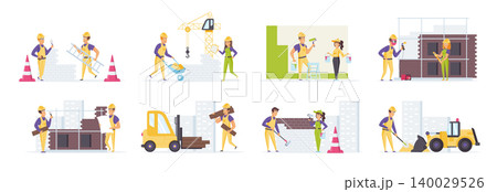 Construction workers in safety helmets and uniform set in various situations. Carpenter, bricklayer, welder and painter work at construction site. Bundle of professional building team in flat style. 140029526
