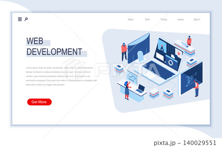 Web development isometric landing page. Responsive web design, internet application development, site programming. Digital technology and devices. Busy people in work situation 3d vector isometry. 140029551