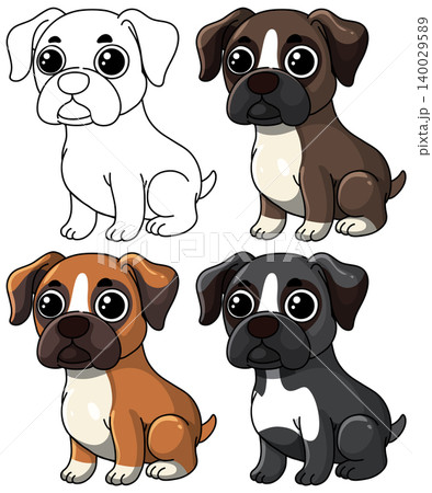Set of Four Cute Cartoon Boxer Puppy Dog Illustrations Set of Four Cute Cartoon Boxer Puppy Dog Illustrations 140029589