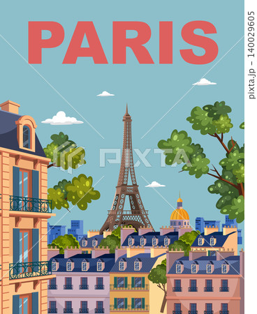Vintage Style Paris Travel Poster with Eiffel Tower and Cityscape Vintage Style Paris Travel Poster with Eiffel Tower and Cityscape 140029605