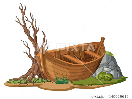 Old Wooden Boat Beside Dead Tree and Rocks Old Wooden Boat Beside Dead Tree and Rocks 140029615