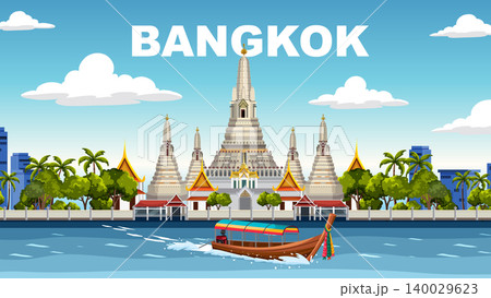 Colorful Bangkok City Travel Poster with Wat Arun Temple and River Boat 140029623