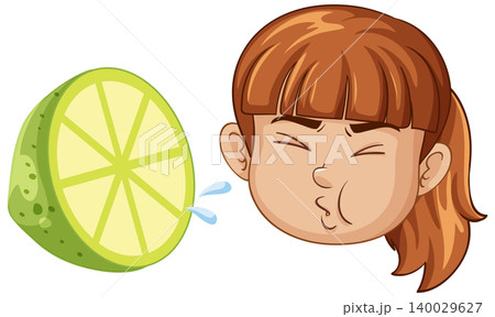 Cartoon Girl Making a Sour Face After Tasting a Fresh Lime Cartoon Girl Making a Sour Face After Tasting a Fresh Lime 140029627