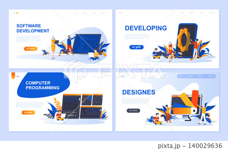 Set of landing page template for Software, Developing, Designer, Programming. Modern vector illustration flat concepts decorated people character for website and mobile website development. Set of landing page template for Software, Developing, Designer, Programming. Modern vector illustration flat concepts decorated people character for website and mobile website development. 140029636