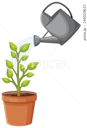 Vector Illustration of a Watering Can Pouring Water on a Potted Plant 140029637