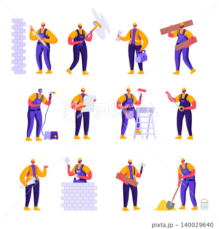 Set of Flat Professional Construction Workers Engineers Characters. Cartoon People Male in Uniform Overalls and Helmets with Equipment. Vector Illustration. 140029640