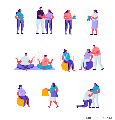 Set of Flat Happy Pregnant Women and Their Husbands Characters. Cartoon People Women Fitness Sports Activity, Spend Time Together Going Shopping, Buying Clothing for Baby. Vector Illustration. Set of Flat Happy Pregnant Women and Their Husbands Characters. Cartoon People Women Fitness Sports Activity, Spend Time Together Going Shopping, Buying Clothing for Baby. Vector Illustration. 140029648