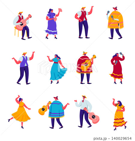 Set of Flat Celebration of a Traditional Mexican Holiday in Colorful Traditional Clothes Characters. Cartoon People Festival Musicians with Guitars, Maracas and Accordion. Vector Illustration. 140029654