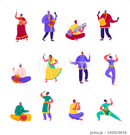 Set of Flat Indian Street Artists Characters. Cartoon People Musicians and Dancers in Colorful Dress Performing on Street Playing Traditional Instruments. Vector Illustration. 140029656