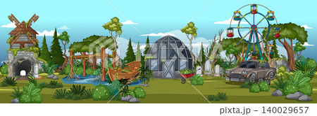Abandoned Rural Amusement Park in Overgrown Forest Landscape Abandoned Rural Amusement Park in Overgrown Forest Landscape 140029657