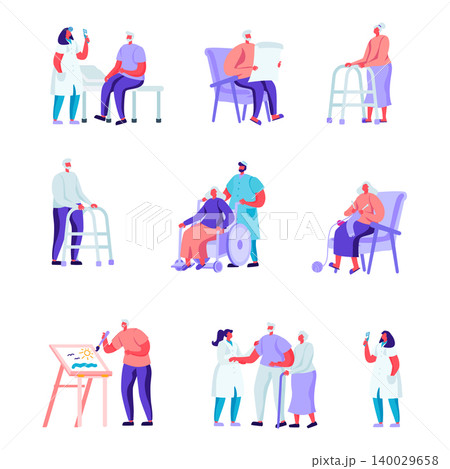 Set of Flat Older People in a Nursing Home Having Medical Aid Characters. Cartoon People Having Hobby Care of Plants, Painting, Playing Chess, Knitting. Vector Illustration. Set of Flat Older People in a Nursing Home Having Medical Aid Characters. Cartoon People Having Hobby Care of Plants, Painting, Playing Chess, Knitting. Vector Illustration. 140029658