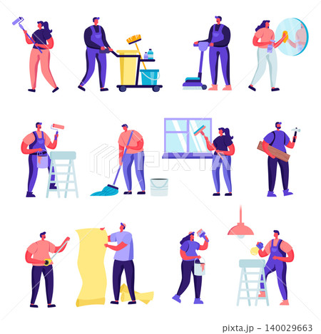 Set of Flat Cleaning Company Service Characters. Cartoon People Loading Dirty Clothes to Washing Machine, Ironing, Rolling Cart with Clean Dresses in Launderette. Vector Illustration. Set of Flat Cleaning Company Service Characters. Cartoon People Loading Dirty Clothes to Washing Machine, Ironing, Rolling Cart with Clean Dresses in Launderette. Vector Illustration. 140029663