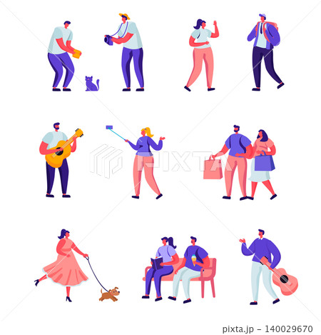 Set of Flat Street Musicians and Pedestrians Characters. Cartoon Guitarist and Saxophonist Playing Music, People Watch Concert, Put Money in Hat. Vector Illustration. Set of Flat Street Musicians and Pedestrians Characters. Cartoon Guitarist and Saxophonist Playing Music, People Watch Concert, Put Money in Hat. Vector Illustration. 140029670