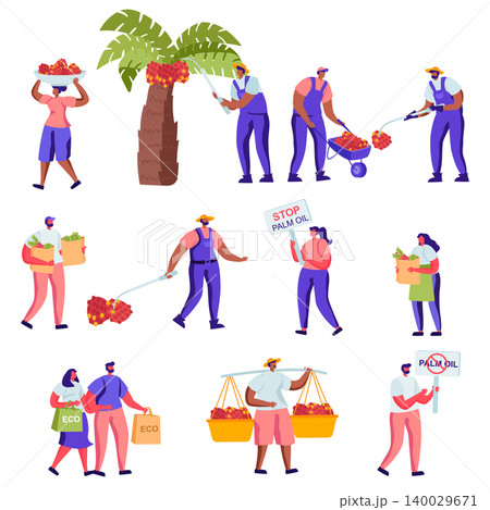 Set of Flat Protesting Against Palm Oil Manufacture Producing Characters. Cartoon Protesters with Banners, Workers Collect Fruits, Reusable Packaging. Vector Illustration. Set of Flat Protesting Against Palm Oil Manufacture Producing Characters. Cartoon Protesters with Banners, Workers Collect Fruits, Reusable Packaging. Vector Illustration. 140029671